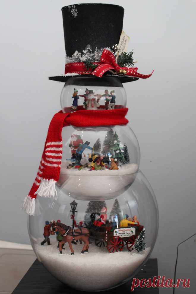 loving my latest Christmas craft. Glass Fishbowl snowman with frosty hat filled with lemax figurines Fish bowl glass tree snow