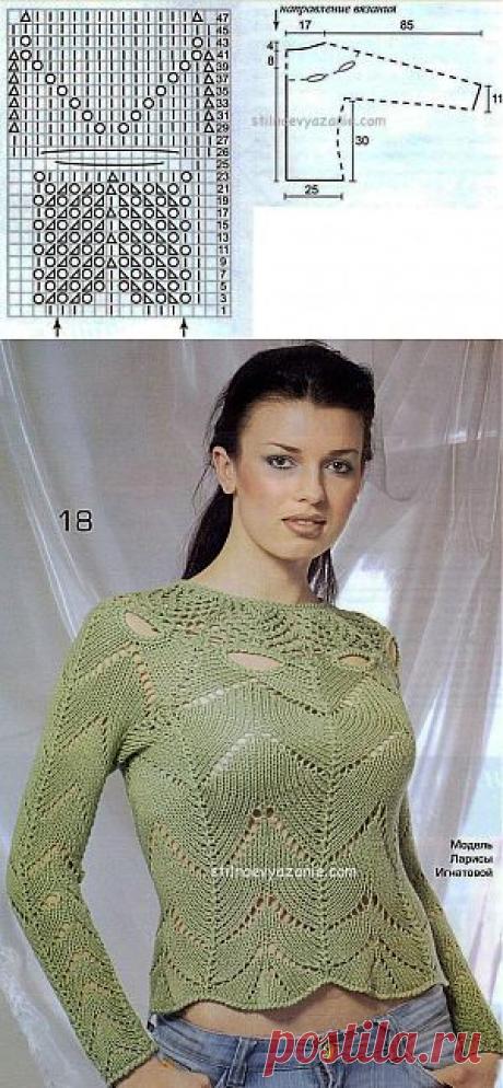 Джемпер с ажурной кокеткой спицами / Стильное вязание