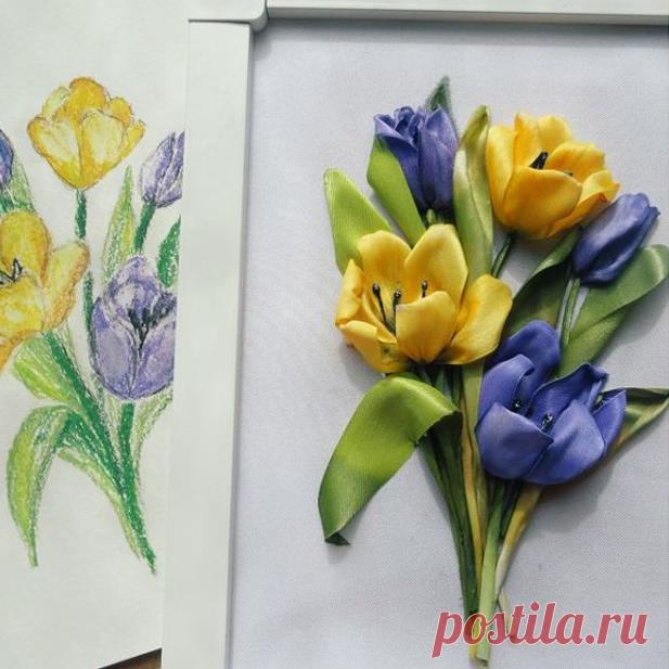 Как вышить тюльпаны лентами