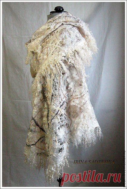 Палантин валяный "Паутина" - белый,рисунок,паутина,шерсть,палантин,cobweb