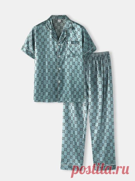 Mens Print Faux Silk Chest Pocket Short Sleeve Elastic Waist Thin Home Pajama Se - US$32.99
