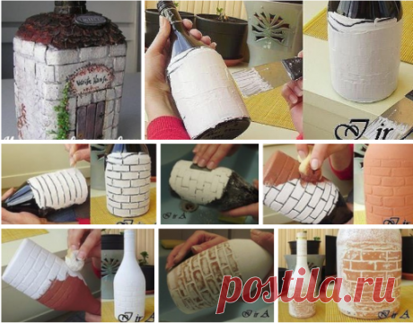 Имитация кирпичной кладки на стеклянной бутылке