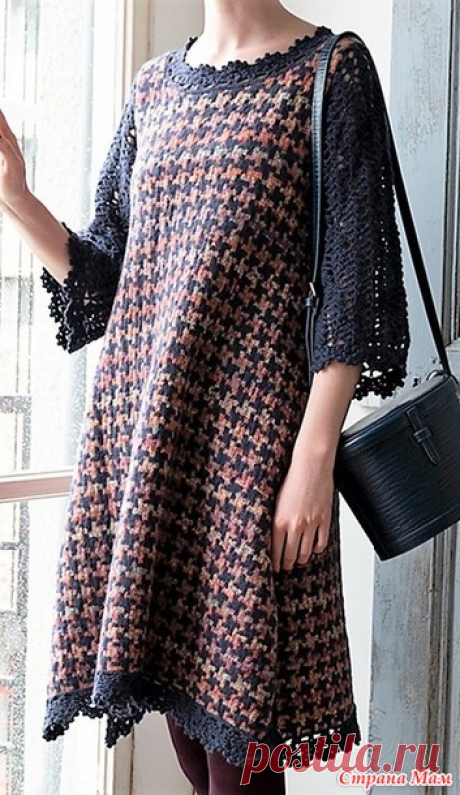 Элегантное платье в котором сочетается жаккард гусиные лапки спицами и ажурный узор крючком. - ВЯЗАНАЯ МОДА+ ДЛЯ НЕМОДЕЛЬНЫХ ДАМ - Страна Мам