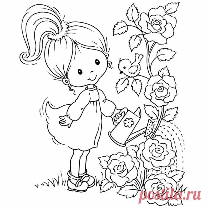 Девочка поливает цветочки