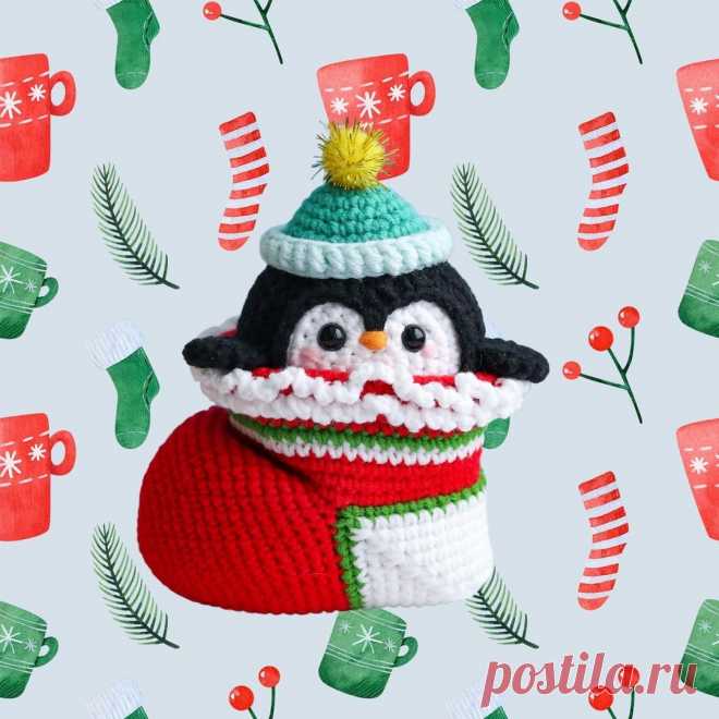 PDF Новогодний носок крючком. FREE crochet pattern; Аmigurumi toy patterns. Амигуруми схемы и описания на русском. Вязаные игрушки и поделки своими руками #amimore - рождественский носок крючком, новогоднее украшение на ёлку, ёлочное украшение к Новому году.