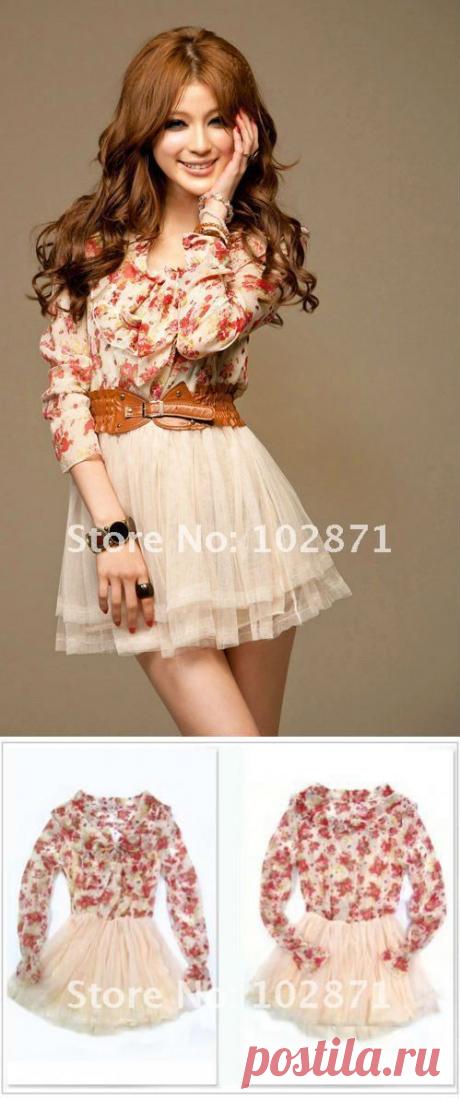 2014 Новый стиль Цветочный длинным рукавом платье / Мода платье + пояс / розовый + Бесплатная доставка, принадлежащий категории Платья и относящийся к Одежда и аксессуары на сайте AliExpress.com