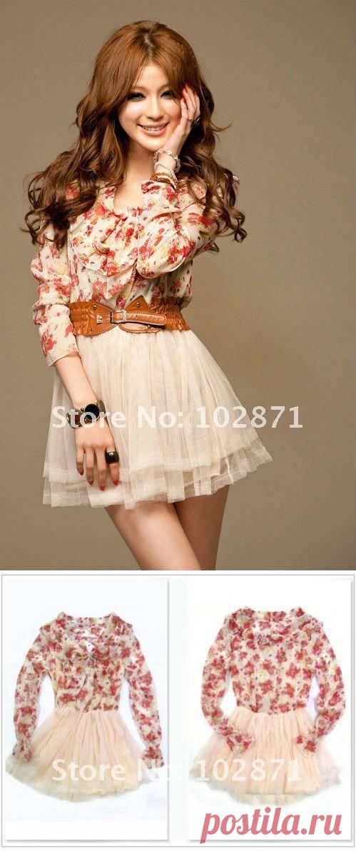 2014 Новый стиль Цветочный длинным рукавом платье / Мода платье + пояс / розовый + Бесплатная доставка, принадлежащий категории Платья и относящийся к Одежда и аксессуары на сайте AliExpress.com