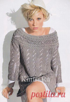 Ажурный пуловер с кокеткой из кос. Вязание для женщин / Пуловеры / Спицами