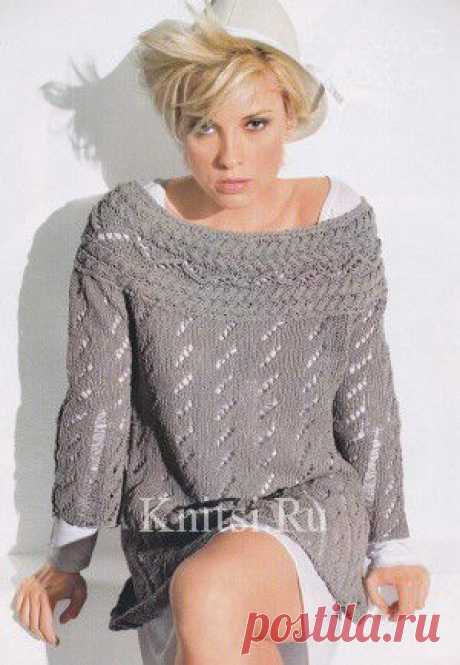 Ажурный пуловер с кокеткой из кос. Вязание для женщин / Пуловеры / Спицами