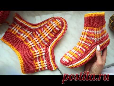 Вяжем спицами тапочки узором в КЛЕТОЧКУ 38-40р. Вяжем без шва на подошве.