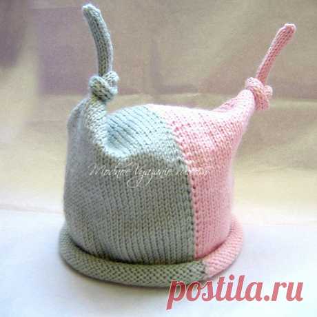 Шапочка двухцветная спицами Top Knot Hat - Modnoe Vyazanie ru.com