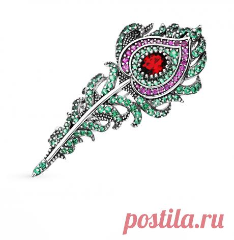 Серебряная брошь с корундом и фианитами SUNLIGHT: серебро 925 пробы, фианит, корунд — купить в интернет-магазине Санлайт, фото, артикул 72754