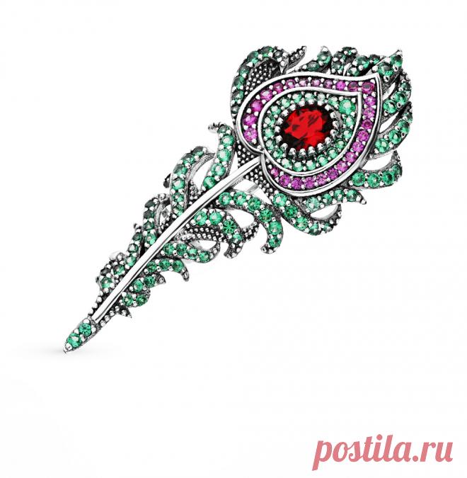 Серебряная брошь с корундом и фианитами SUNLIGHT: серебро 925 пробы, фианит, корунд — купить в интернет-магазине Санлайт, фото, артикул 72754