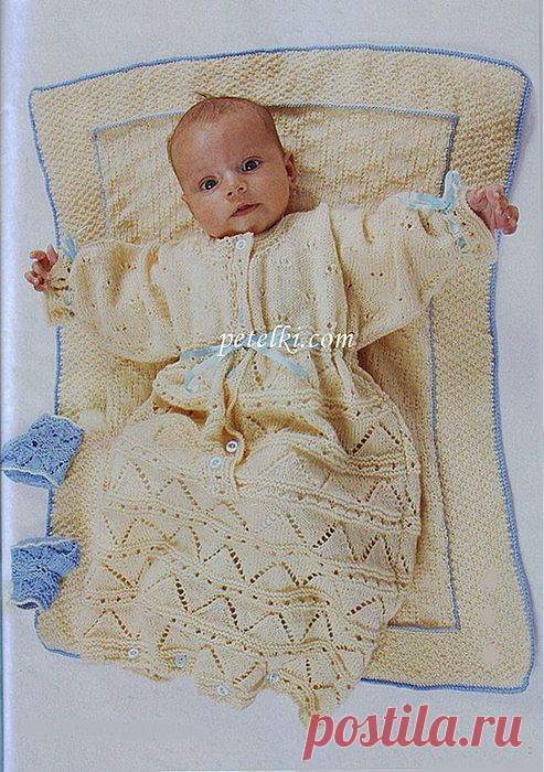 Спальный мешок пинетки и плед спицами.