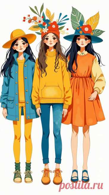 Девочки в гуашевом стиле: яркие образы и минимализм. Изображение из нейронной сети Flux - Flux.1 примеры промтов - Форум ИИ о нейросетях - Yes Ai