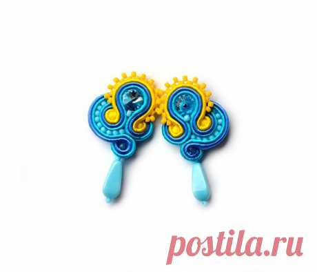 Earrings Swarovski soutache blue yellow post от SaboDesign на Etsy