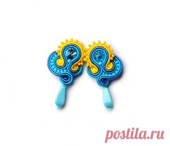 Earrings Swarovski soutache blue yellow post от SaboDesign на Etsy