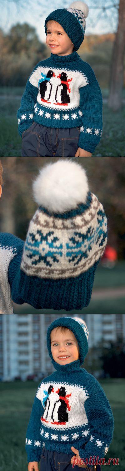 Скачайте схемы Синий свитер с рисунком «Пингвины» и шапочка с помпоном, вид рукоделия Вязание спицами - Валентина.ру