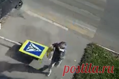 Россиянка чудом осталась жива, отскочив от упавшего при ДТП дорожного знака. В Тульской области знак пешеходного перехода протаранила легковушка.