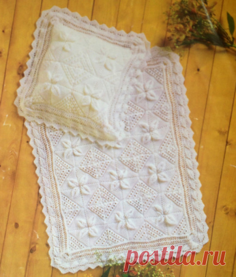 baby blanket and pillow case knitting pattern vintage style leaf flower lace pattern This item is a PDF file of the knitting pattern for a stunning blanket and pillow case set.    Made in double knitting yarn.    The pattern will be available for download upon receipt of payment, for you to print out or read from your computer.    Needles used are 4mm.    Traditional and beautiful.