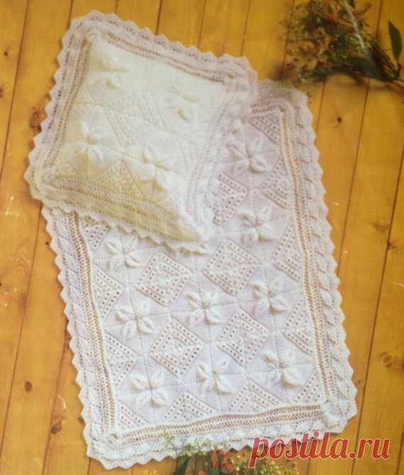 baby blanket and pillow case knitting pattern vintage style leaf flower lace pattern This item is a PDF file of the knitting pattern for a stunning blanket and pillow case set.    Made in double knitting yarn.    The pattern will be available for download upon receipt of payment, for you to print out or read from your computer.    Needles used are 4mm.    Traditional and beautiful.