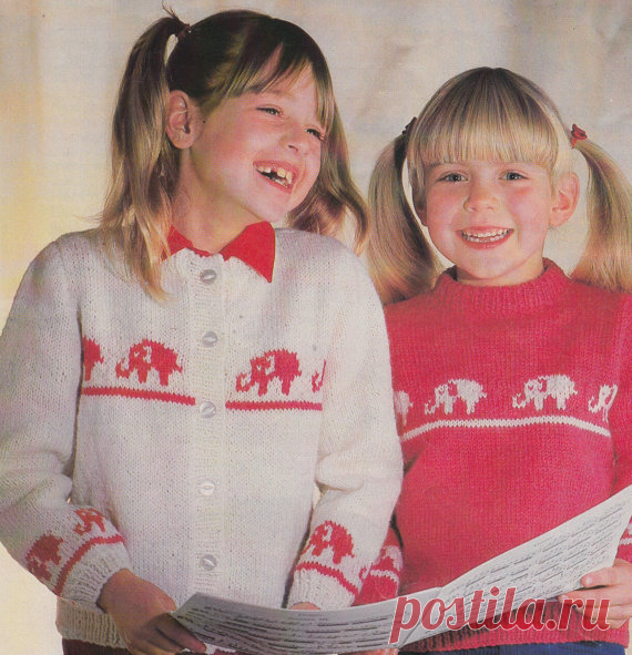 vintage knitting pattern PDF for childrens jumper and cardigan with intarsia elephant design This is a PDF file containing a copy of this fabulous vintage knitting pattern.    The pattern uses double knitting yarn and fits sizes 24 to 28 inch chest.    A fantastic vintage pattern, gorgeous elephant designs.    The file will be available for instant download via a link from Etsy.    Thanks very much for looking and happy knitting