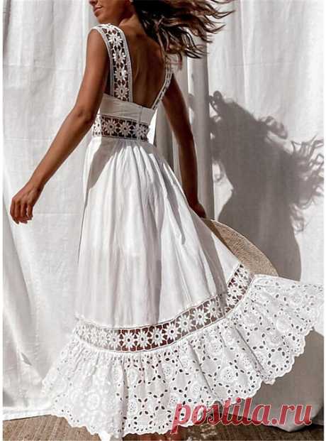 Mujer Vestido de Columpio Vestido largo maxi Blanco Sin Mangas Color sólido Encaje Retazos Primavera Verano Escote Cuadrado Casual Fiesta 2022 S M L XL XXL 3XL 2022 - € 16.41
