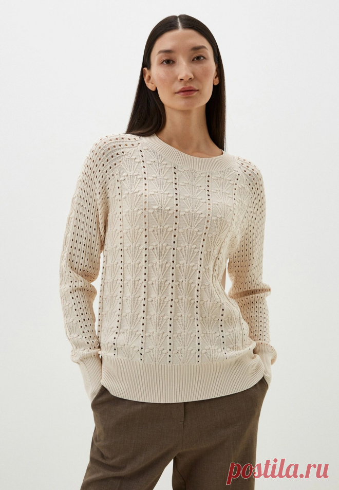 Джемпер цвета айвори с вертикальным узором в виде тонких веточек с шишечками и ажурных дорожек (схема узора)