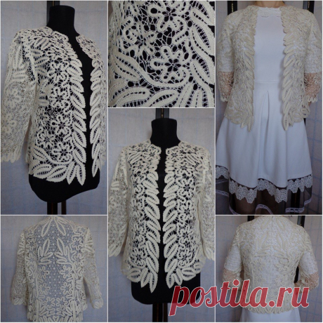 Кардиган &quot;Елена&quot;кружевной сплетён на коклюшках.Полочки заужены,рукав-3/4.Нитки: хлопок молочного цвета