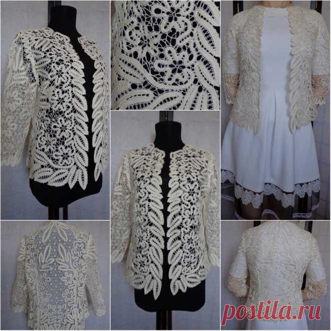 Кардиган "Елена"кружевной сплетён на коклюшках.Полочки заужены,рукав-3/4.Нитки: хлопок молочного цвета