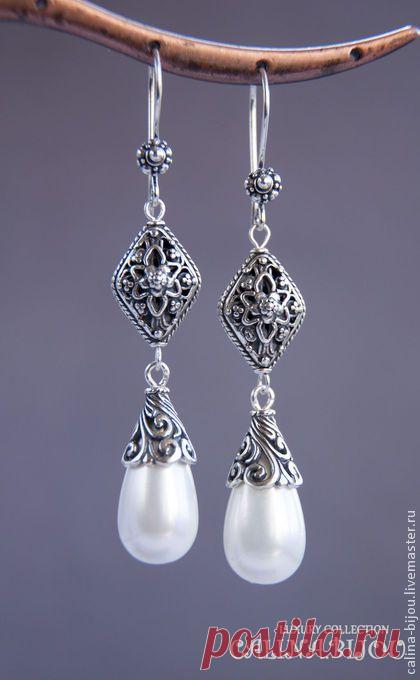 Серьги серебрянные с жемчугом - серебряный,белый,жемчуг,серьги с жемчугом
