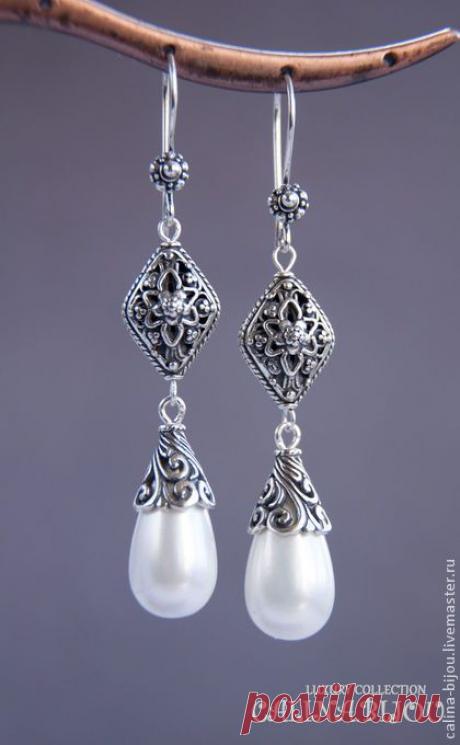 Серьги серебрянные с жемчугом - серебряный,белый,жемчуг,серьги с жемчугом