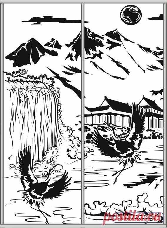 Пескоструйный рисунок Журавли 2105 | Хороший дизайн: Скинали Фрески Фотообои Пескоструйные рисунки