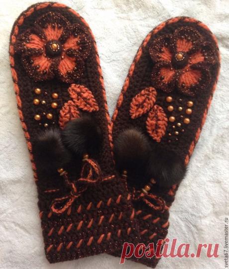 Купить Варежки вязаные" В ожидании" авт.работа 10.01.2016. - серый, цветочный