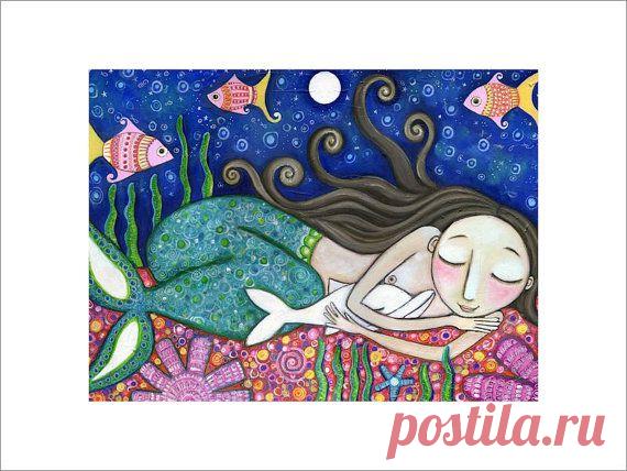 Mermaid Art Print dolphin 12 x 16 art for kids by LindyLonghurst