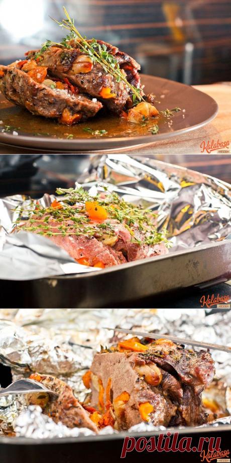 Язык, запеченный в фольге с овощами и тимьяном