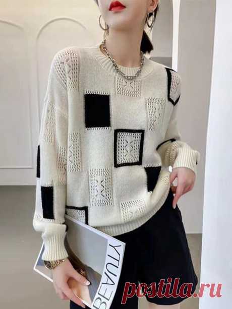 Square Blocks Designer Elegant Warm Sweaters For Women - White / XXL