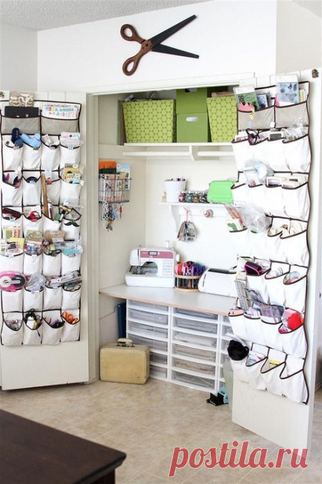 Brilliant &quot;sewing room&quot; idea (in case I ever need to downsize my space) -- I especially like the over-the-door shoe organizers to corral odds and e…