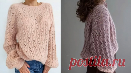 Модный джемпер ажурным узором из пряжи с мохером.