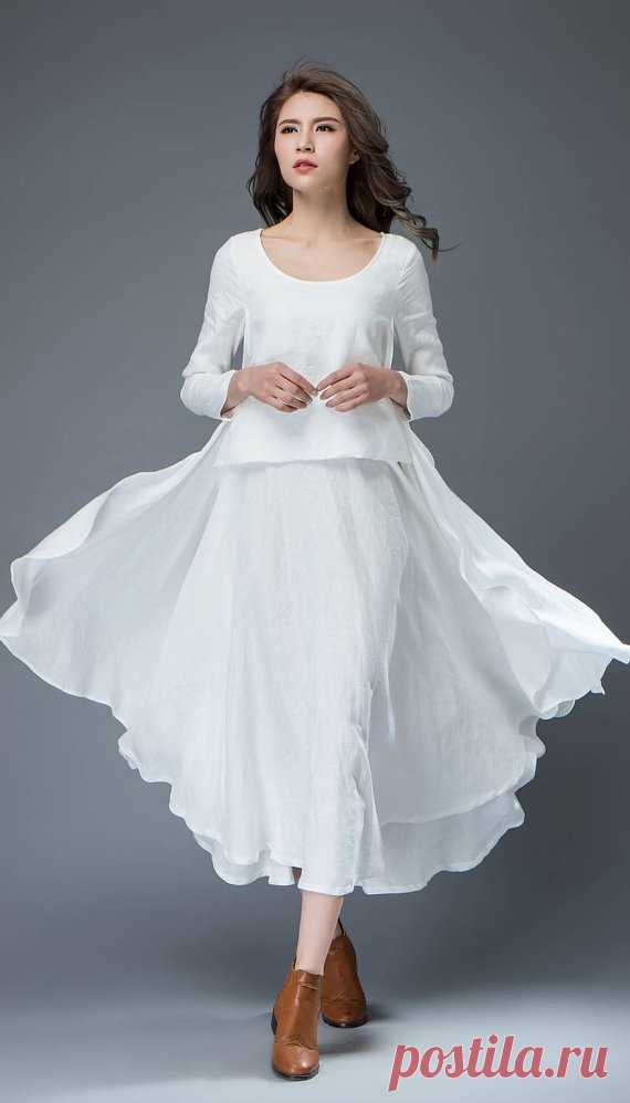 White Linen Dress Layered Flowing Elegant Long Sleeve от YL1dress