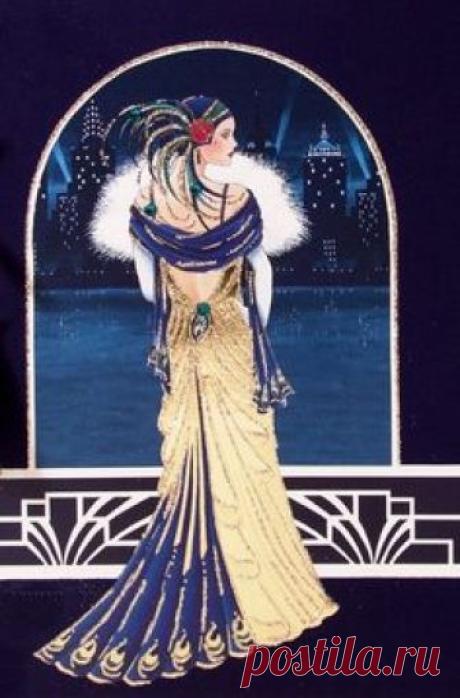 Clintons Art Nouveau cards, birthday Deco cards, beautiful lady, Art Deco, geometric shapes, sparkling lady, pink dress, fancy head dress, silver foil text