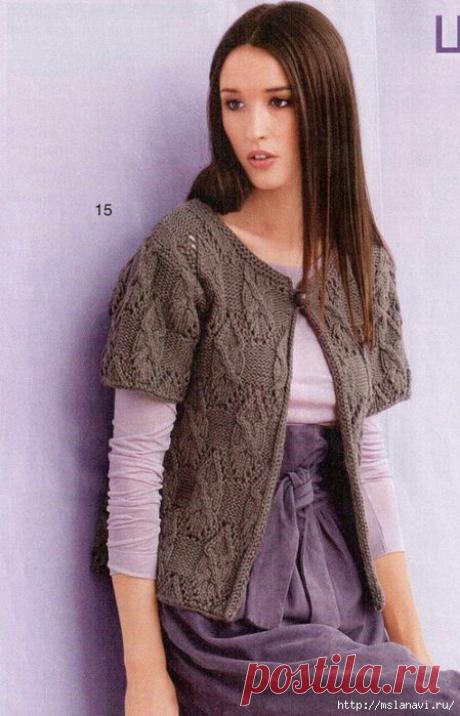 Ажурный жакет в сером... Вязание спицами.
