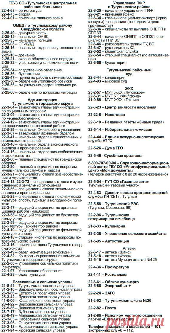 По многочисленным просьбам читателей публикуем список номеров телефонов организаций и служб Тугулымского городского округа. Обратите внимание: многие телефоны изменились. Сохраните себе, он вам обязательно пригодится!