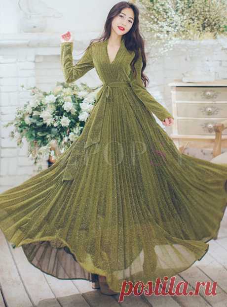 Dresses | Maxi Dresses | Elegant V-neck Long Sleeve Belted Big Hem Maxi Dress