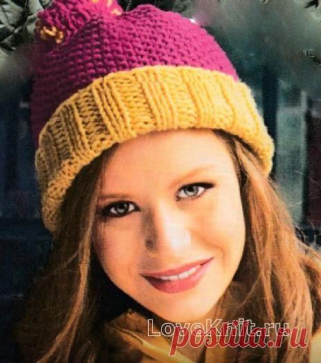 Цветная шапка с помпоном схема спицами » Люблю Вязать