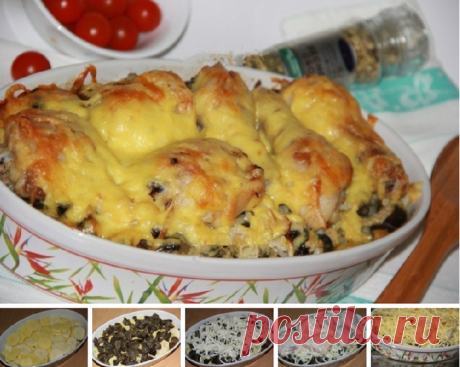 Ножки и бедра из курицы с картошкой и грибами в духовке