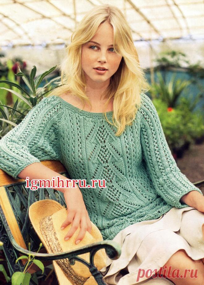 Летний зеленый пуловер с разнообразными ажурными узорами. Вязание спицами