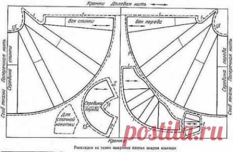 Моделирование платья покроя "солнце" 
Платье покроя «солнце», кокетка овальной формы, короткие рукава покроя «клеш», карманы, застежки по линии плеча. Ткань шелковая или хлопчатобумажная, гладкая или с мелким рисунком. 
Нанесение линий Фасона и подготовка выкройки 
Подготовить основную выкройку платья и рукава. На эту выкройку нанести линии фасона. 
Спинка. От линии ростка посередине спинки отложить вниз 9 см и точку 9 соединить плавной линией с нижним концом плеча, как показано на рисунке. 
Л