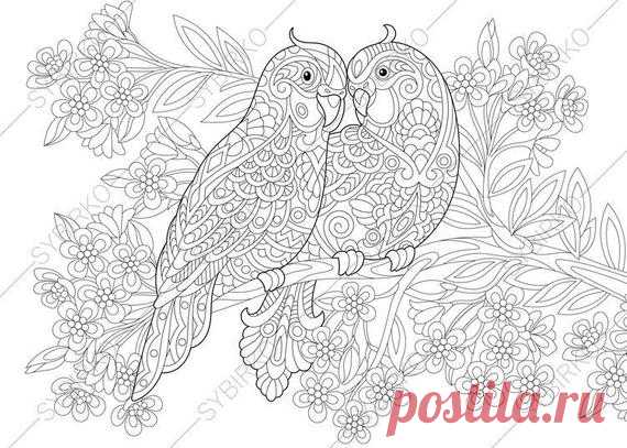 Coloring pages. Budgie Parrots. Birds in Love. Happy Valentines Day greeting card idea. Animal coloring book for adults. Instant Download.  All items are DIGITAL DOWNLOADs !!! No physical product will be sent through the mail. After purchasing you will receive an INSTANT DOWNLOAD of coloring pages  You GET: ✔ Coloring pages in JPG and PDF formats ✔ High quality ✔ High resolution ✔ Print size suitable for A4 or A3 paper formats ✔