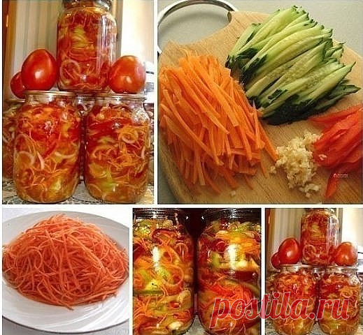 ВКУСНЕЙШИЙ салат на зиму

 Ингредиенты:

1. 1 кг. капусты
2. 1 кг. моркови
3. 1 кг. лука
4. 1 кг. болг. перца
5. 1 кг. помидоров
6. 1 кг. огурцов
7. 5 ч. л. соли
8. 5 ст. л. сахара
9. 1 ст. раст. масла
10. 2 ст. уксуса 9 %
